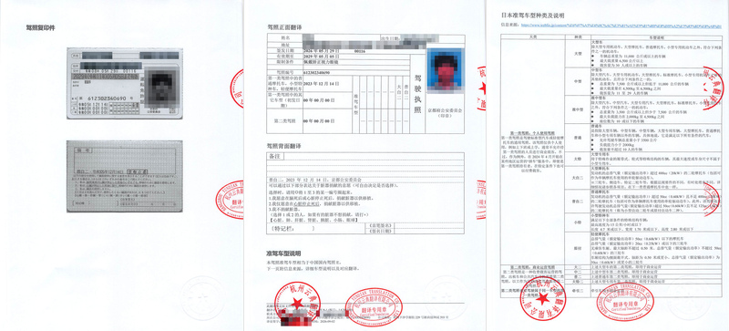 翻译机构出具的中文翻译件样本：驾照复印件、驾照正面翻译、准驾车型说明